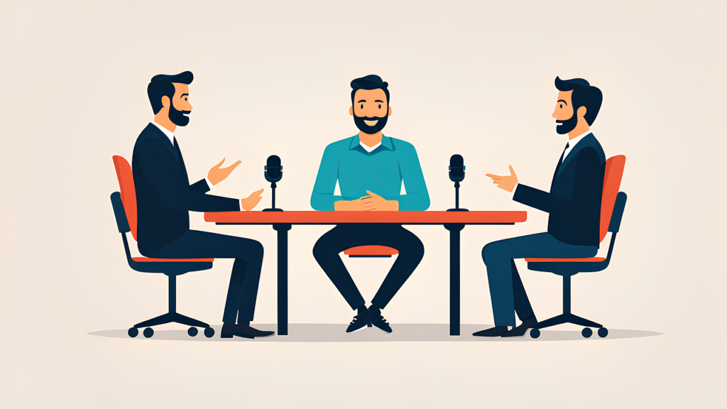 Three men sitting at a table talking in microphones by Visiventas
