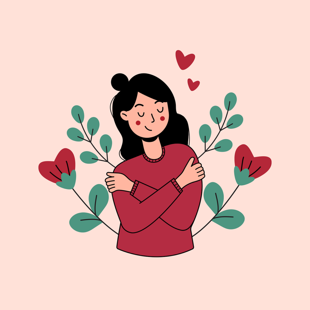 woman hugging herself with flowers around her by Duckleap
